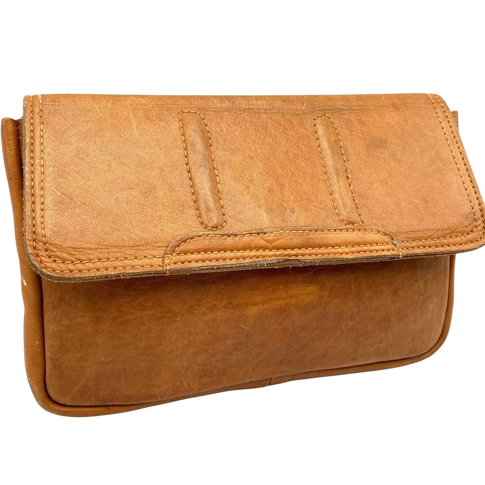 Vintage Contessa Tan Soft Leather Fold Over Clutch 70s Boho Retro Purse